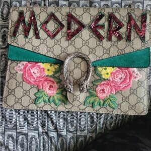 Gucci Beige and Green Floral Embroidered Shoulder Bag